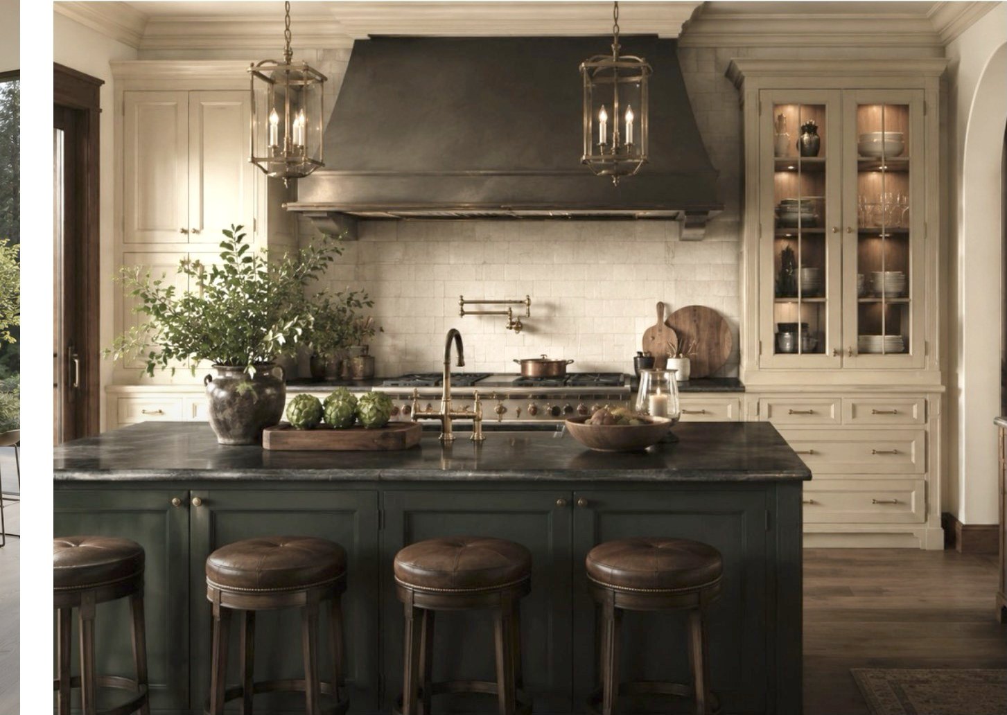 Classic kitchen with cream panelled cabinetry, a dark green island and brass lanterns