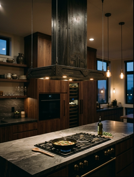 Dark walnut kitchen with a tall range hood and warm pendant light