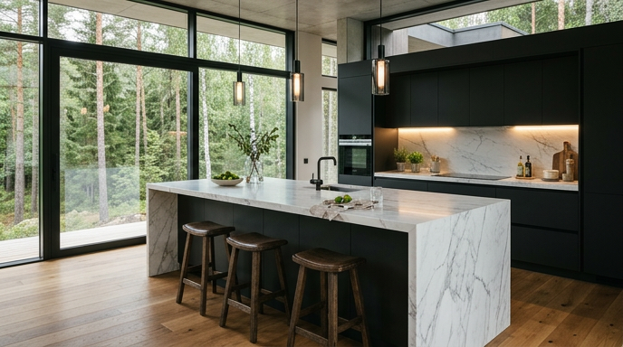 Dark cabinetry and a white marble island in front of floor-to-ceiling windows onto the forest