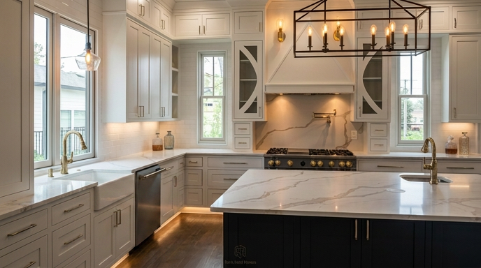 White classic kitchen with a marble island and a black lantern pendant