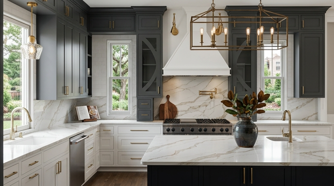 Dark painted cabinetry, a white range hood and marble counters under a brass lantern