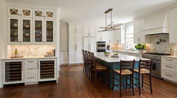 Cream classic kitchen with glass-front uppers and a dark island