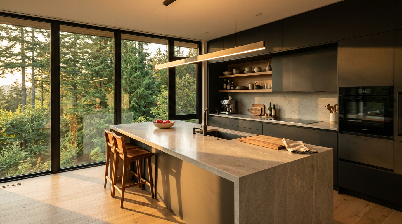 Modern kitchen with a long stone island and a wall of windows onto trees