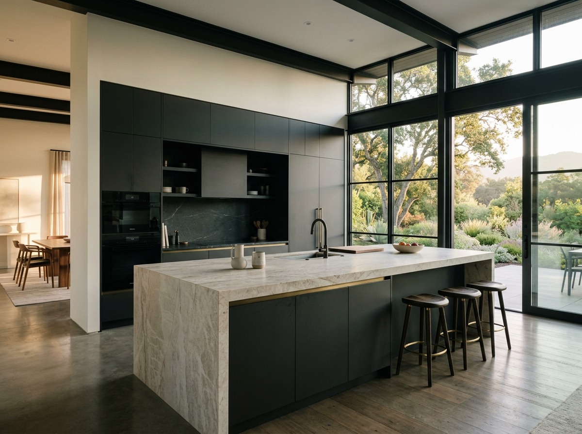Dark green minimal kitchen with a waterfall marble island