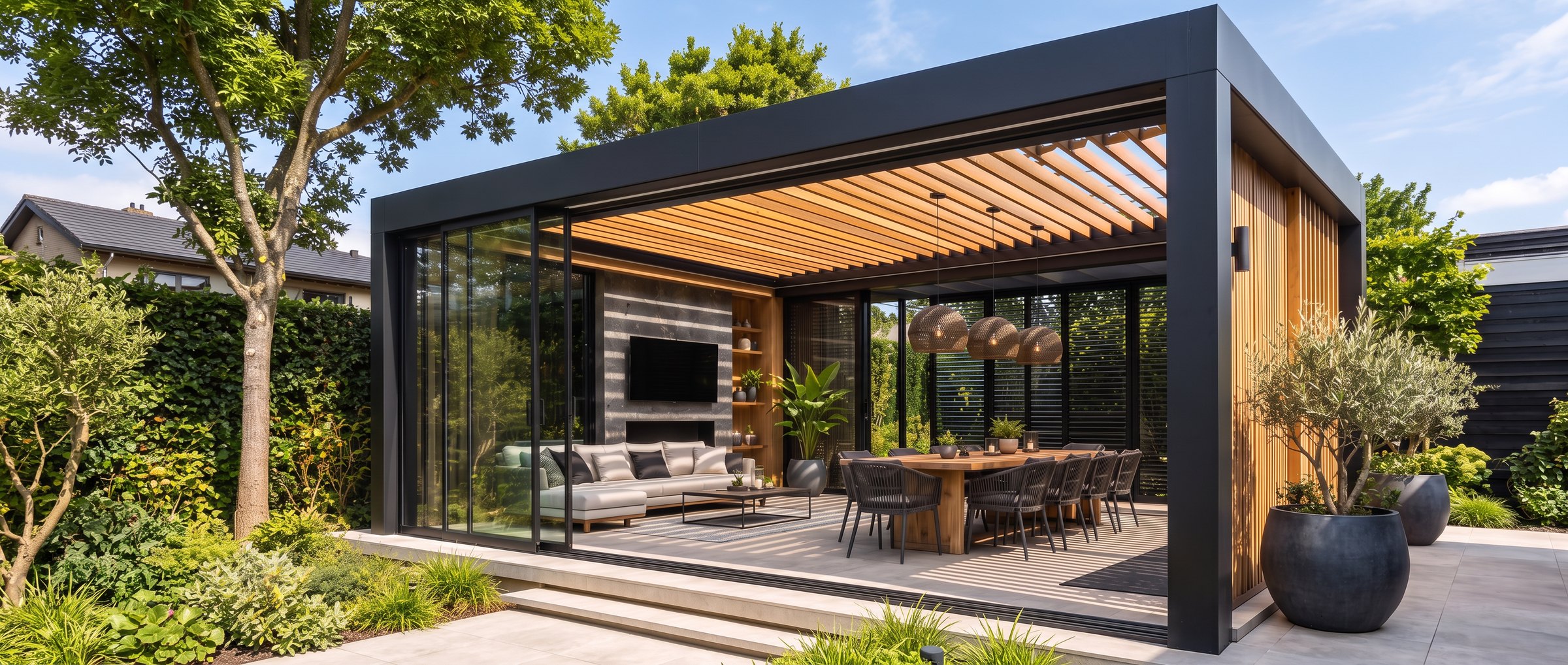 Covered outdoor living pavilion with a slatted pergola roof, a sofa by the fireplace and a long dining table, opening onto the garden